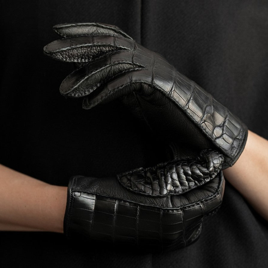 black crocodile leather gloves for women detail