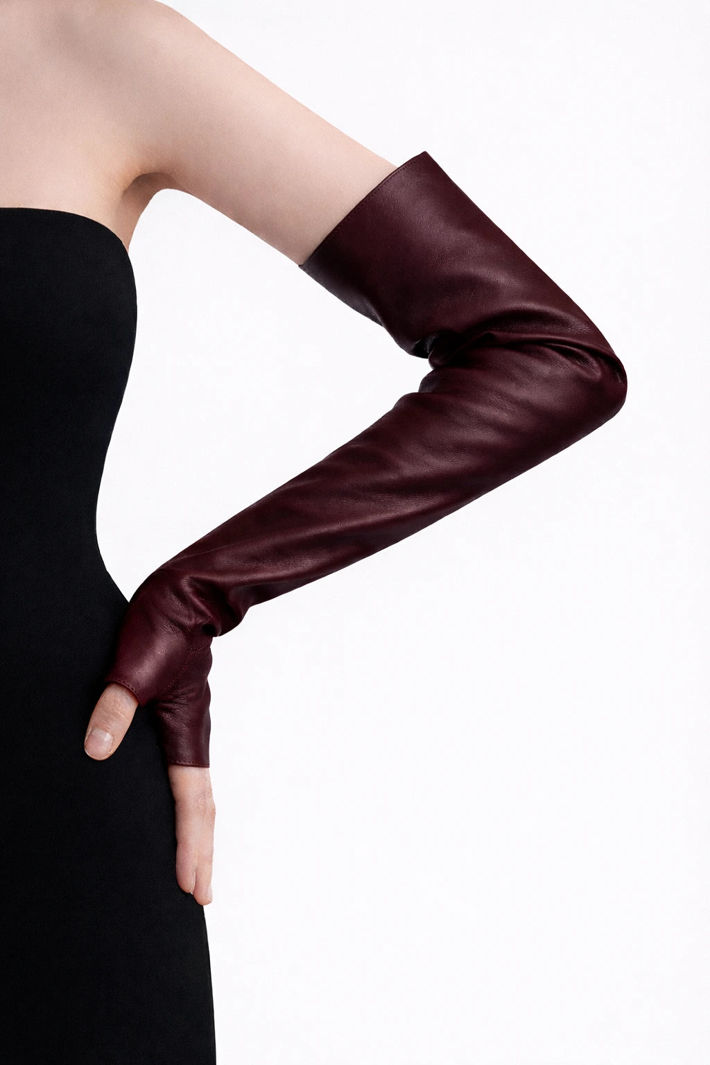 fingerless long leather opera gloves bordeax