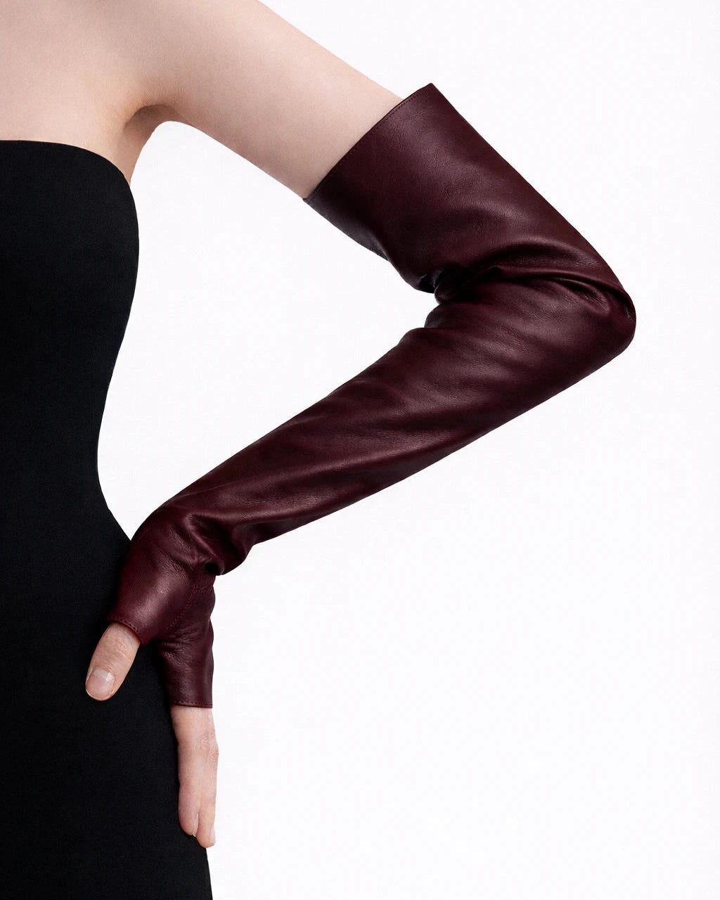 fingerless long leather opera gloves bordeax