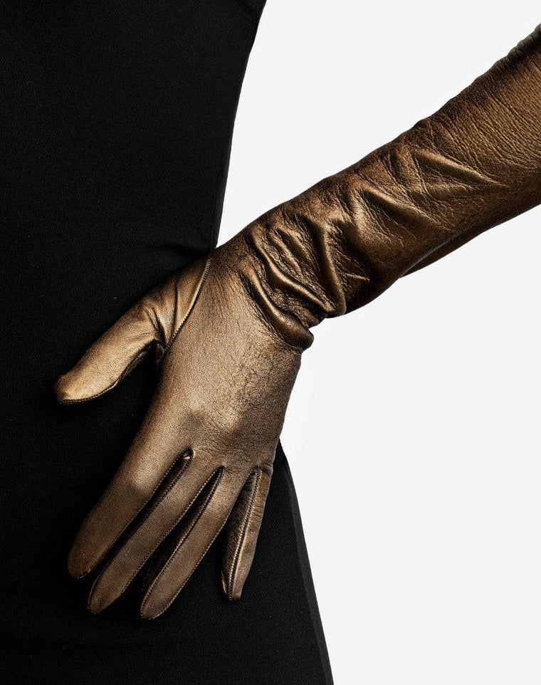 long metallic leather opera gloves detail bronze
