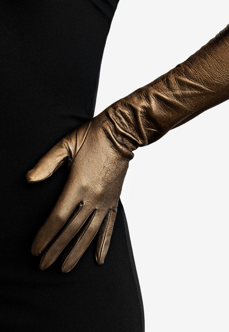 long metallic leather opera gloves detail bronze