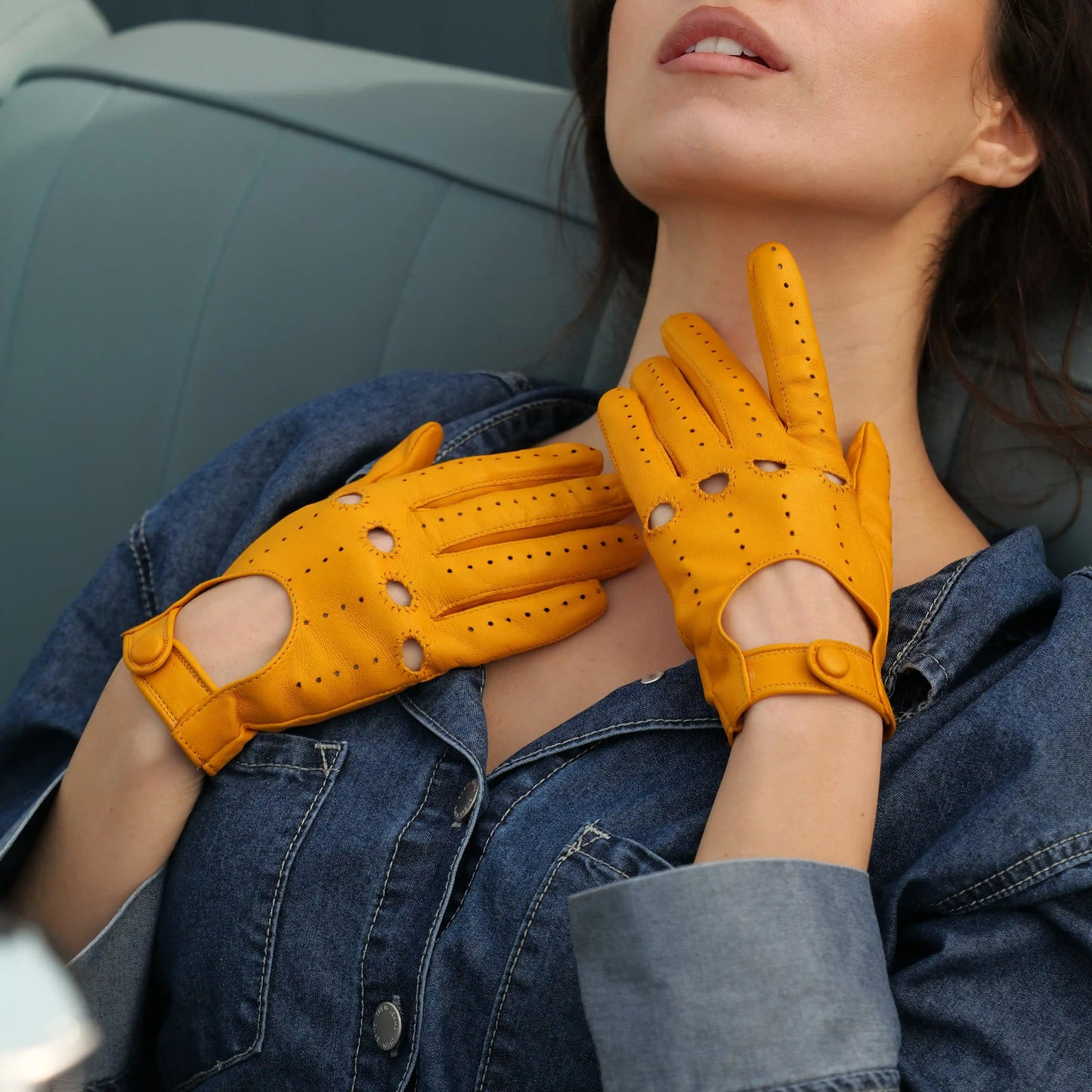 women's leather driving gloves yellow