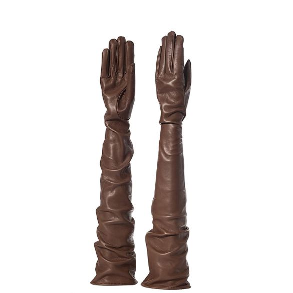 women's long opera leather gloves camel