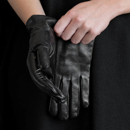 Touchscreen leather gloves with rabbit fur lining for women