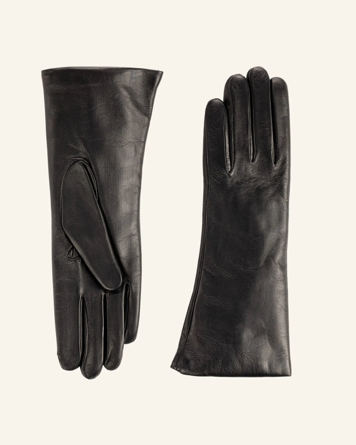 Women’s black leather gloves with extended cuff and cashmere lining
