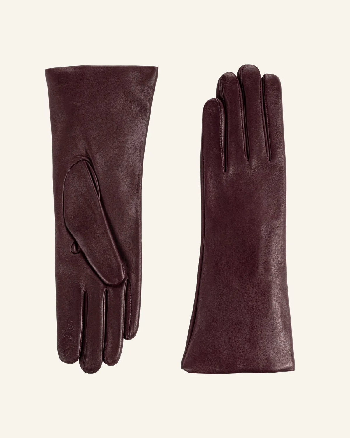 Women’s bordeaux leather gloves with extended cuff and cashmere lining