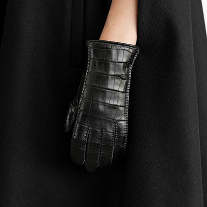 black crocodile leather gloves for women