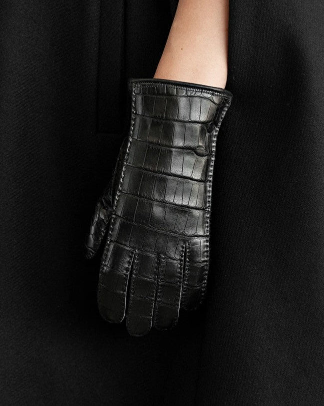 black crocodile leather gloves for women