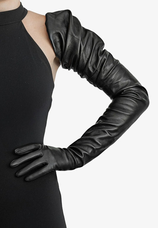 black ultra long leather gloves