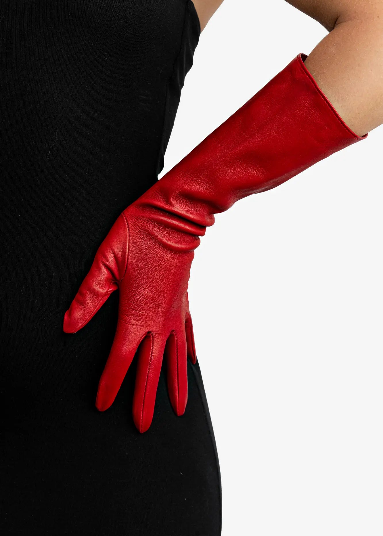 elbow length leather gloves red