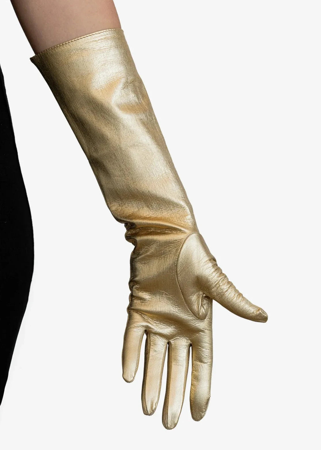 elbow length metallic leather gloves detail gold