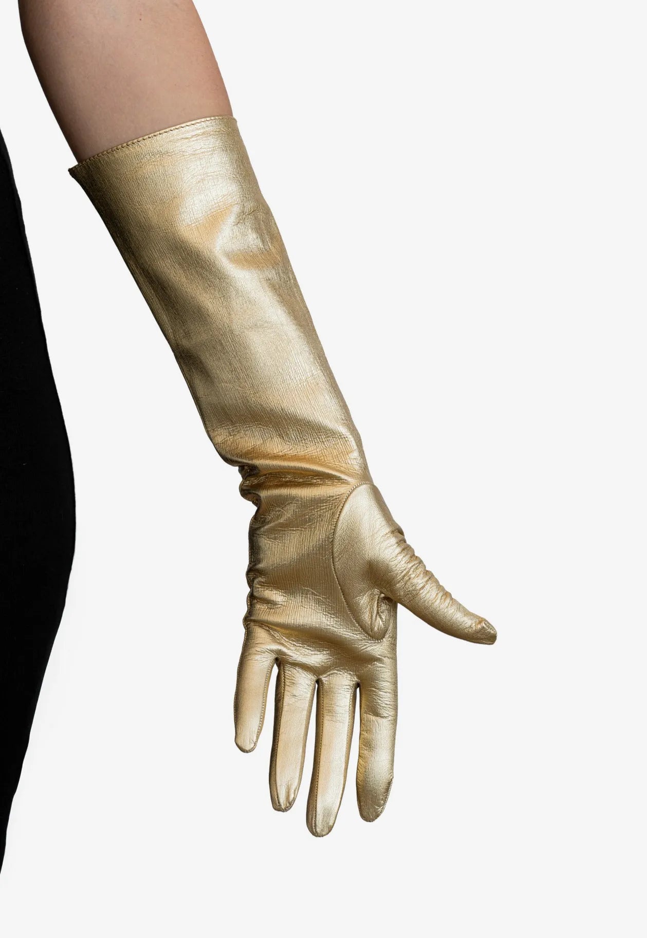 elbow length metallic leather gloves detail gold