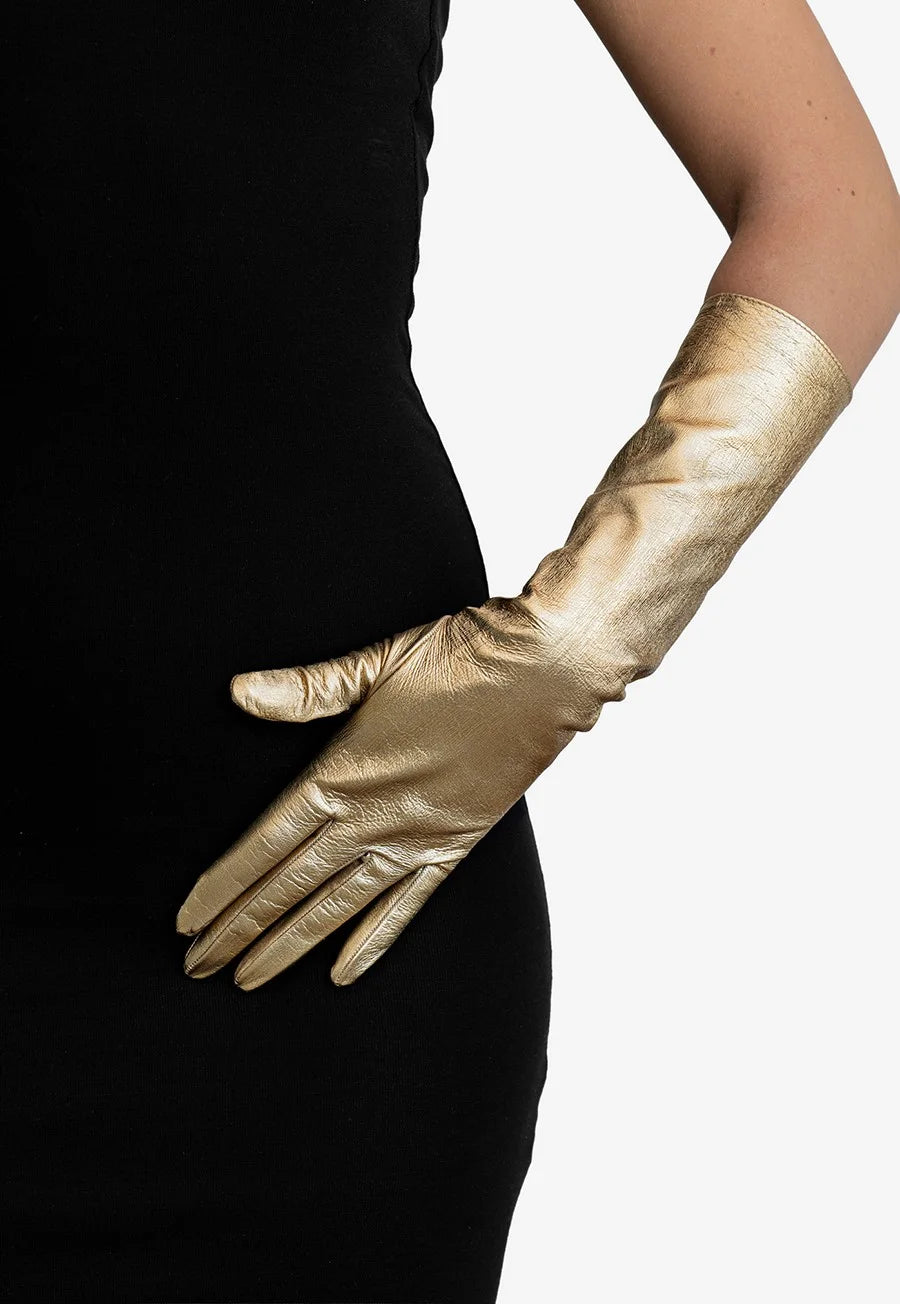 elbow length metallic leather gloves gold
