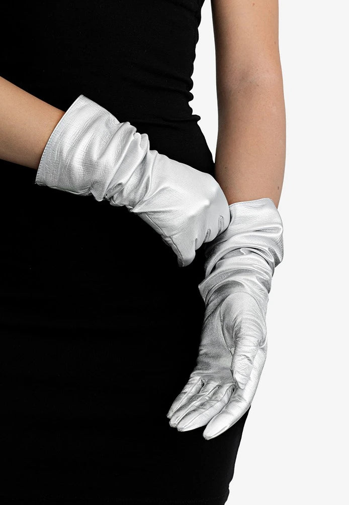 elbow length metallic leather gloves silver