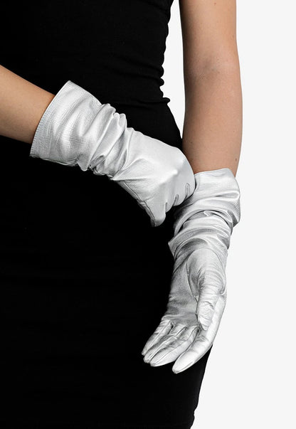 elbow length metallic leather gloves silver