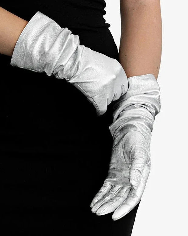 elbow length metallic leather gloves silver