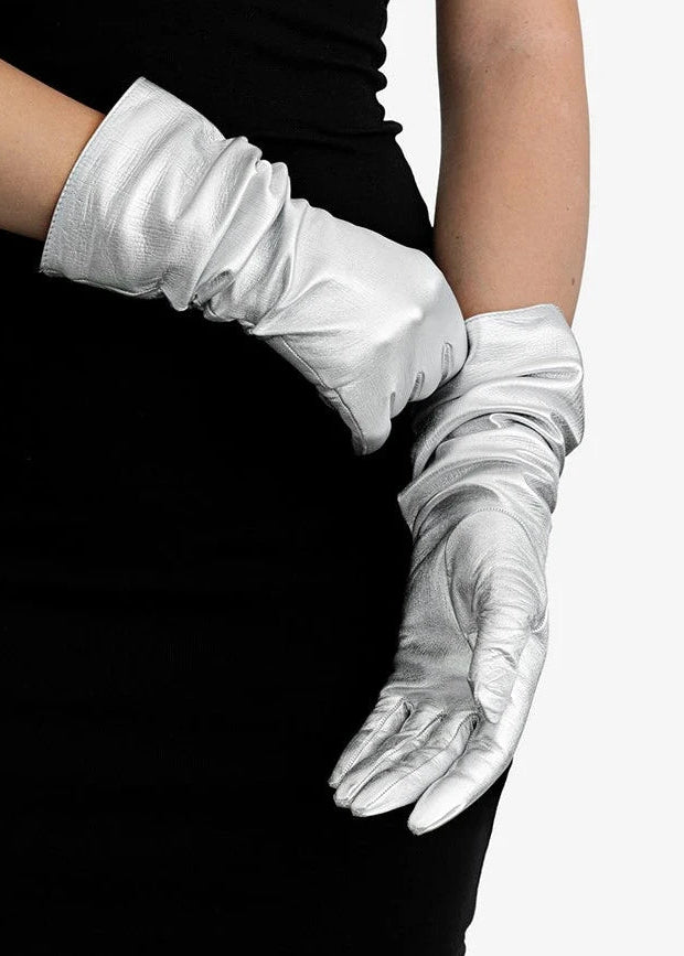 elbow length metallic leather gloves silver