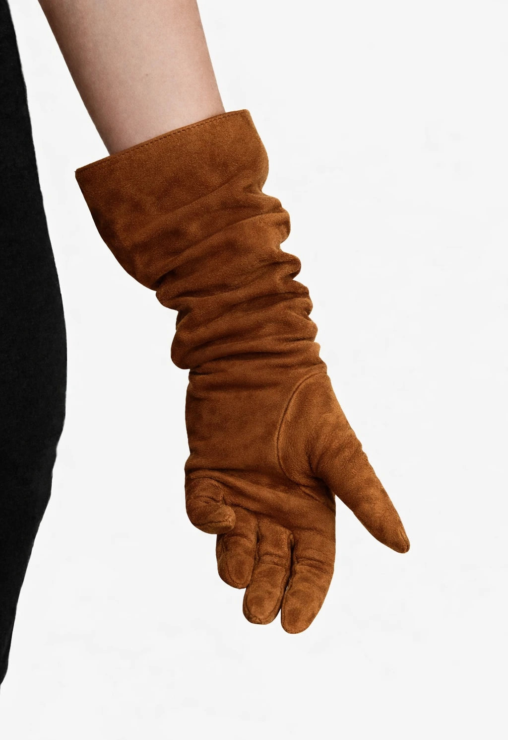 elbow length suede leather gloves tawny brown