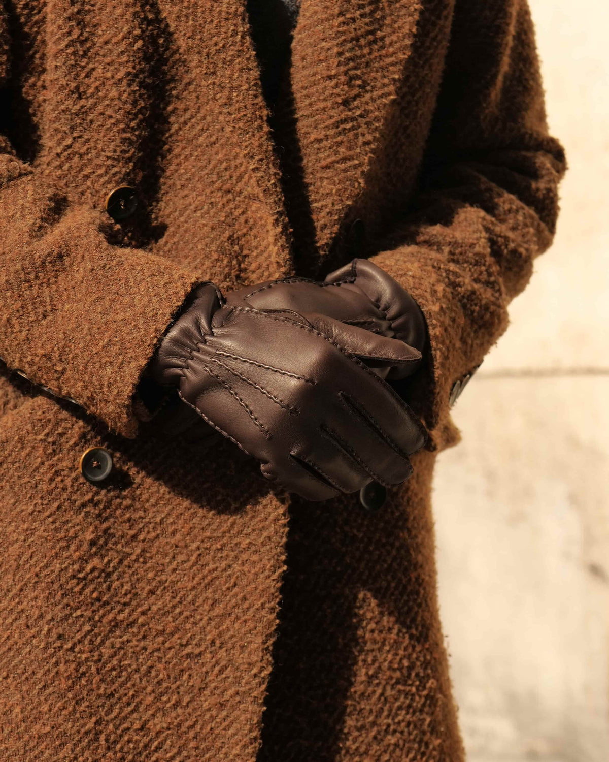 espresso brown mens deerskin leather gloves worn