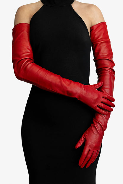 extra long red leather gloves shoulder length