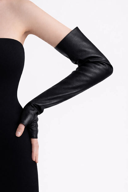 fingerless long leather opera gloves black