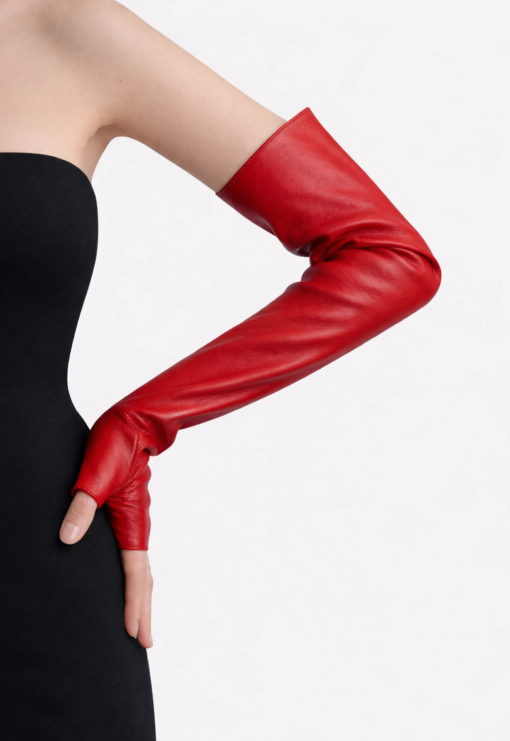 fingerless long leather opera gloves red