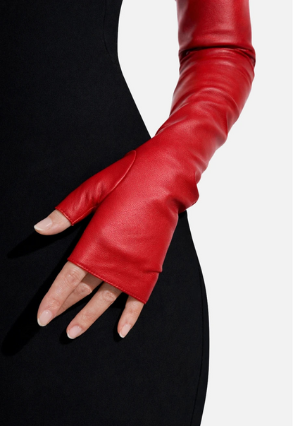 fingerless long leather opera gloves red