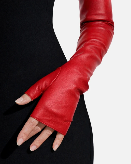 fingerless long leather opera gloves red