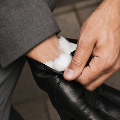 leather gloves with white fur lining