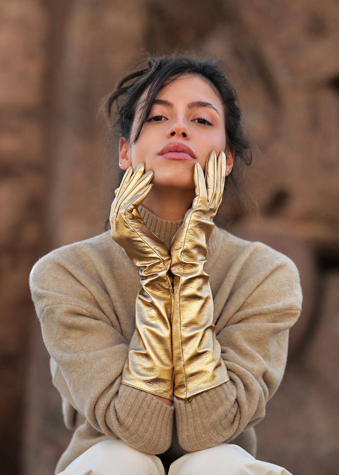 long leather gloves gold