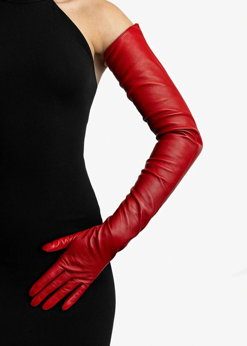 long leather gloves red
