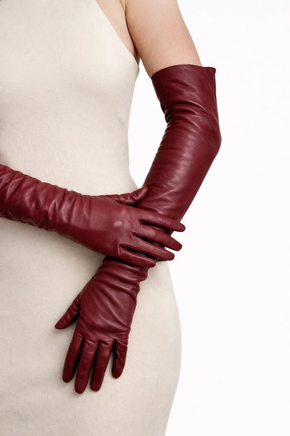 long leather opera gloves burgundy
