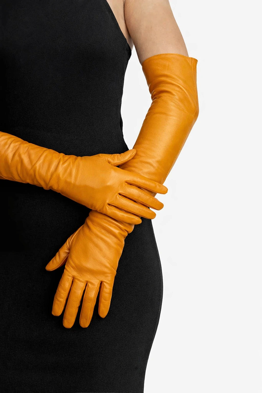 long leather opera gloves mustard