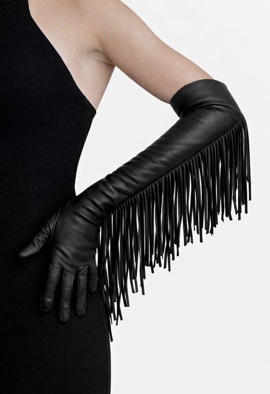 long leather opera gloves with fringes