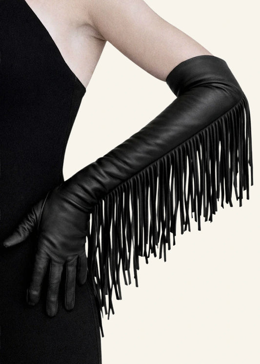 long leather opera gloves with fringes black