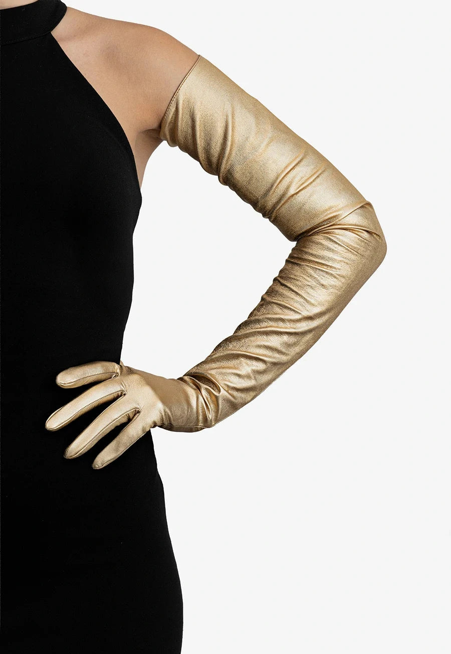 long metallic leather gloves gold