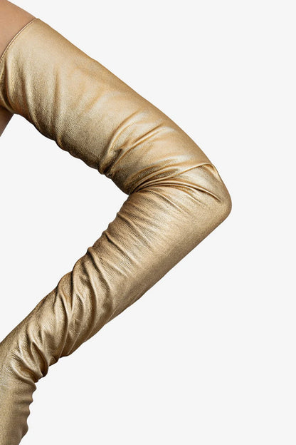 long metallic leather gloves gold detail