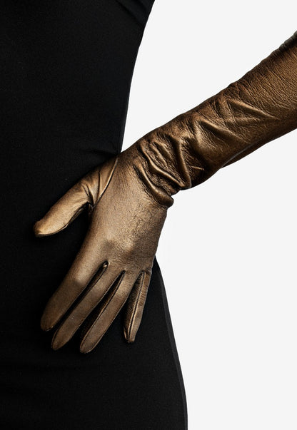 long metallic leather opera gloves detail bronze