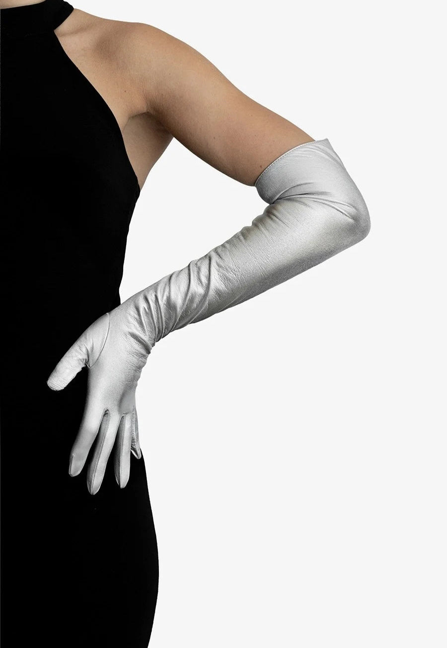 long metallic leather opera gloves silver