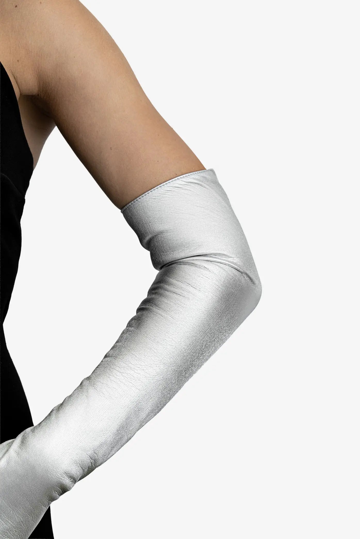 long metallic leather opera gloves silver detail