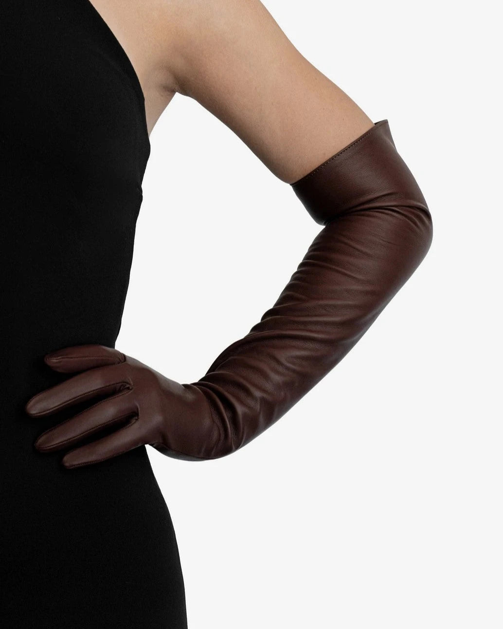 long opera leather gloves chocolate brown 
