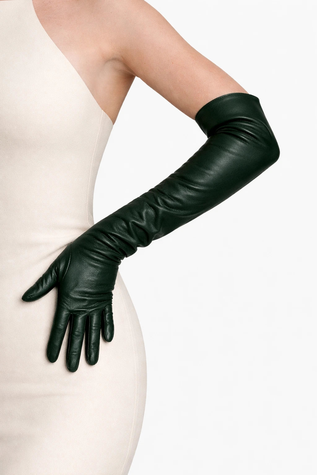 long opera leather gloves forest green