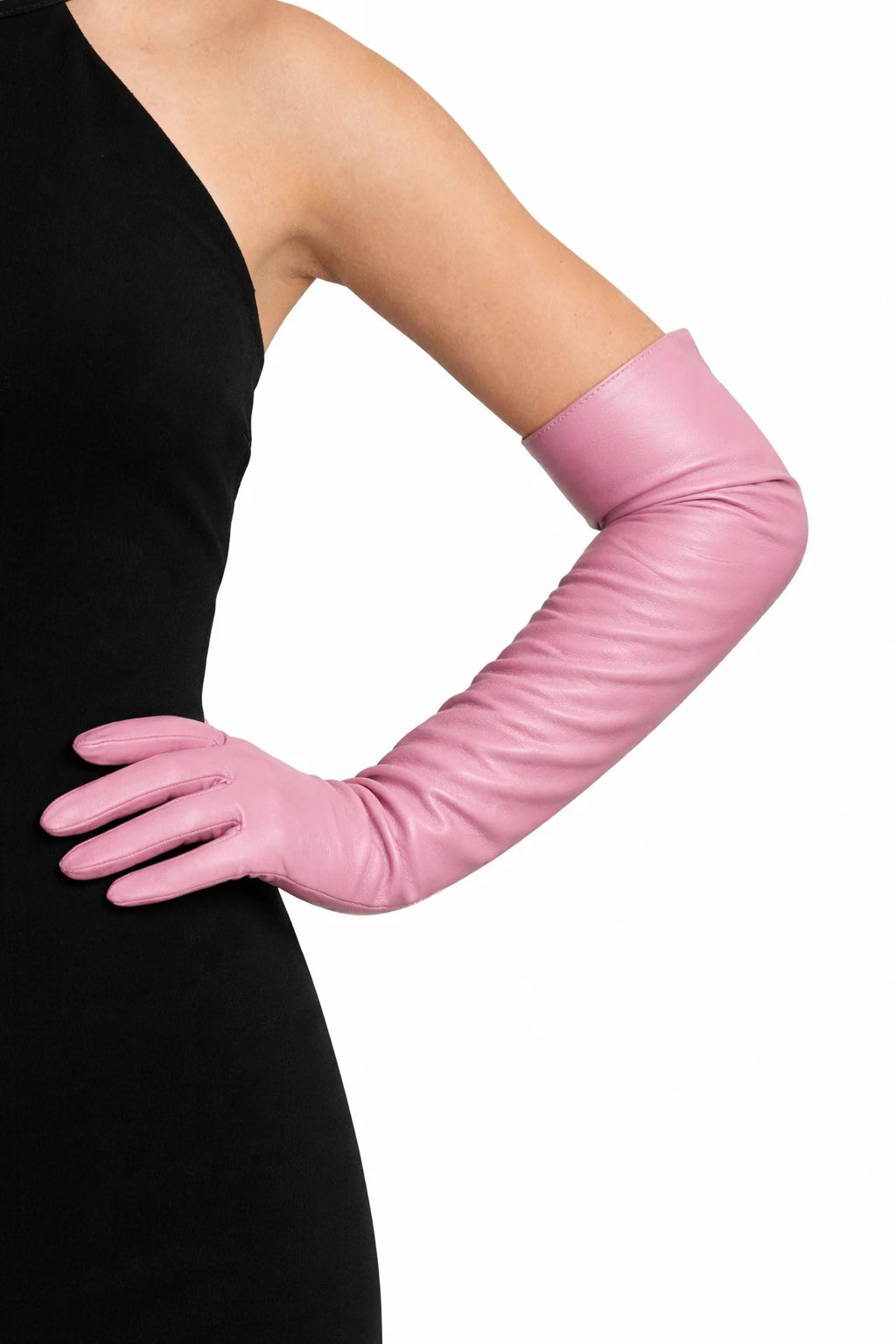 long opera leather gloves pink