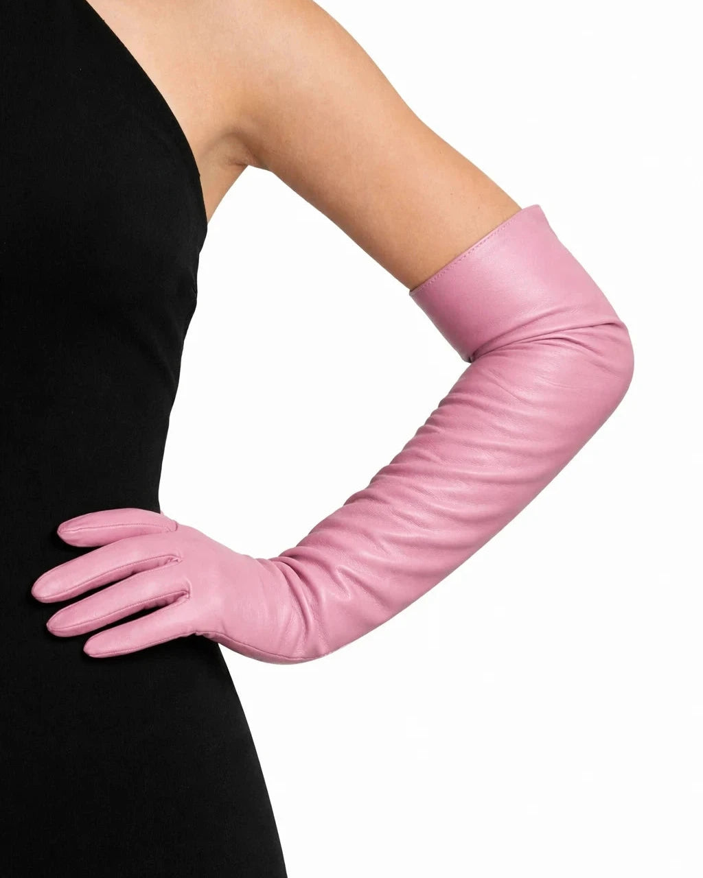 long opera leather gloves pink