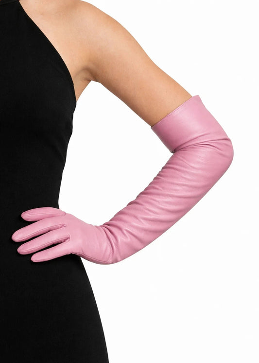 long opera leather gloves pink