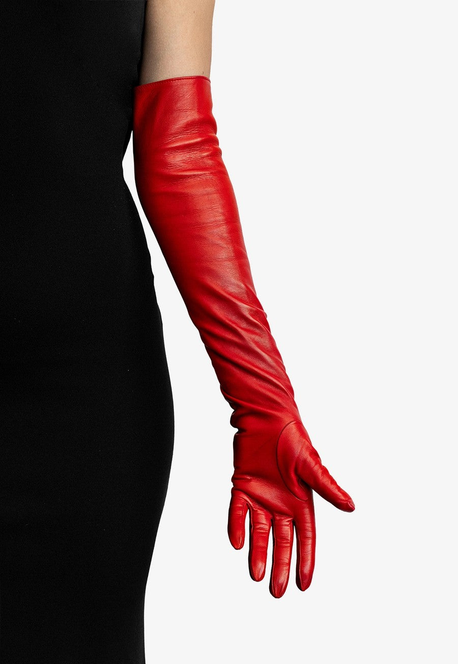 red opera leather gloves detail
