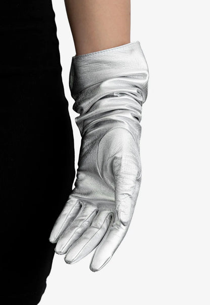silver metallic gloves detail