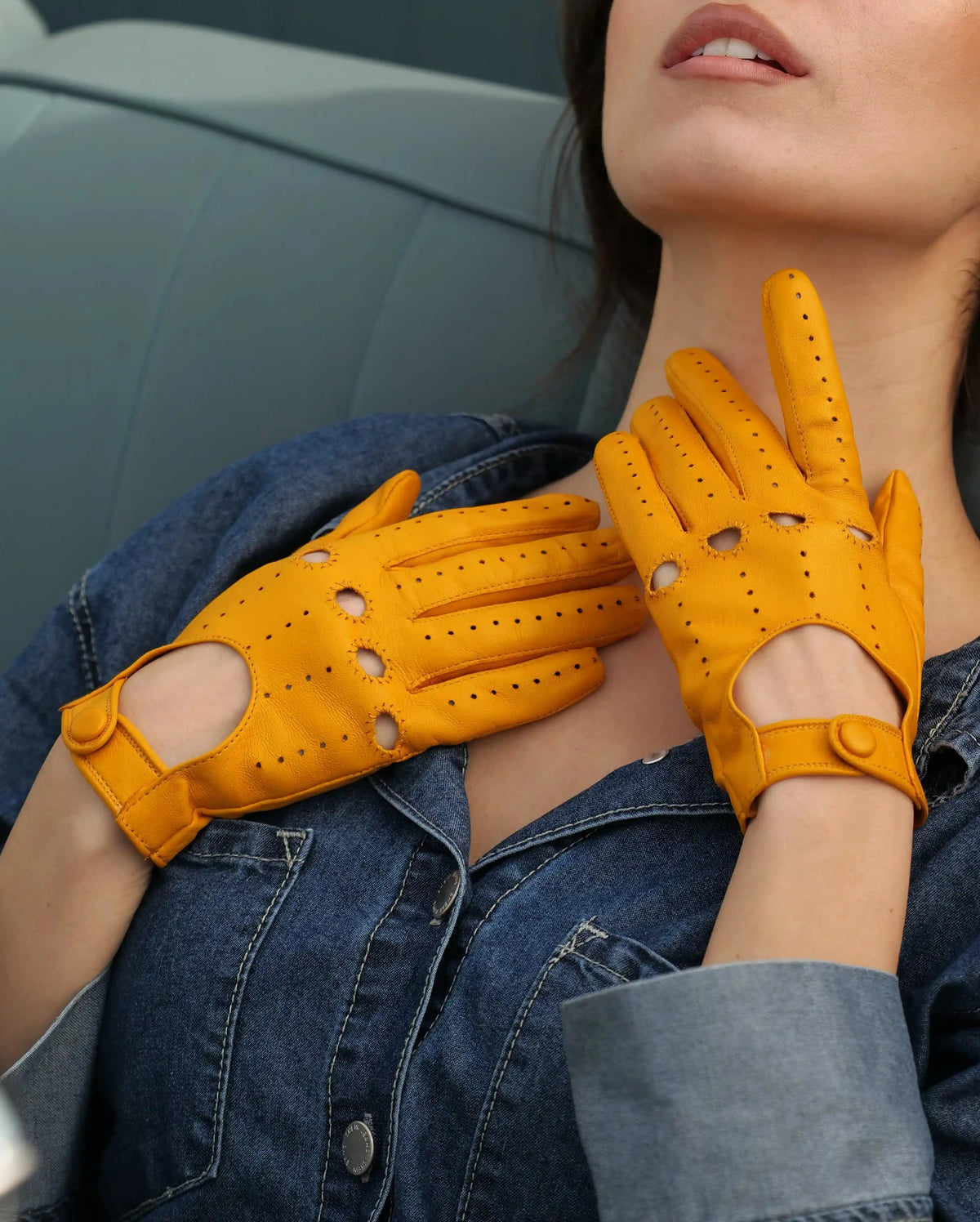women's leather driving gloves yellow