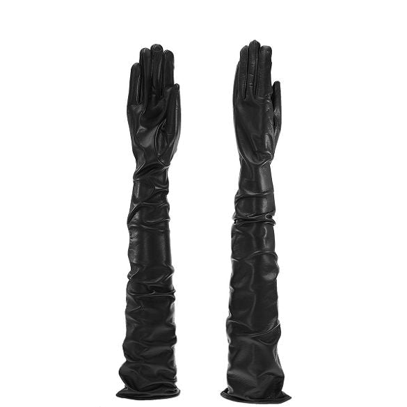 women's long opera leather gloves black