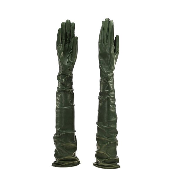 women's long opera leather gloves olive green